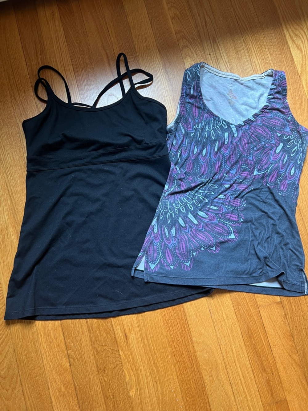 Prana Black Double-Strap Tank Top (sz small) and paisley v tank (sz xs) + pants